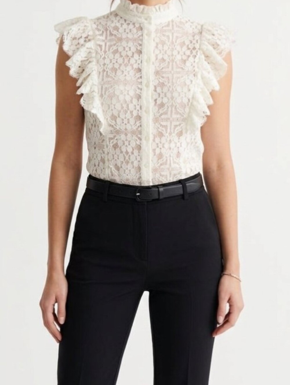 7th Ave New York & Comp Blouse Women L White Lace Ruffle Sleeve Button-Up Top